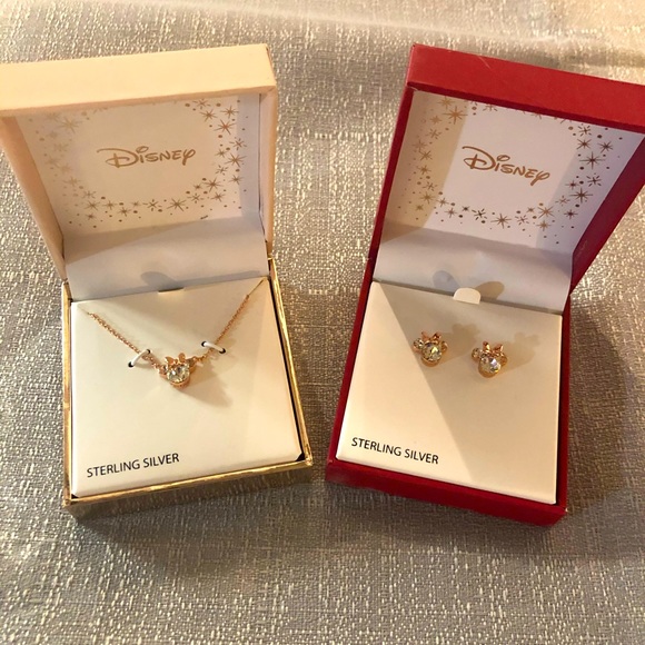 Disney Jewelry - Sterling Silver Minnie Mouse Disney Necklace & Earrings! Rose gold tone new!